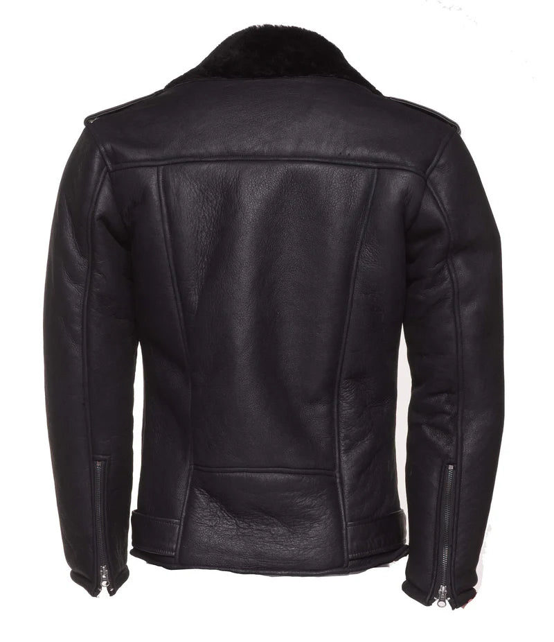 Men Black Shearling Collar Biker Leather Jacket
