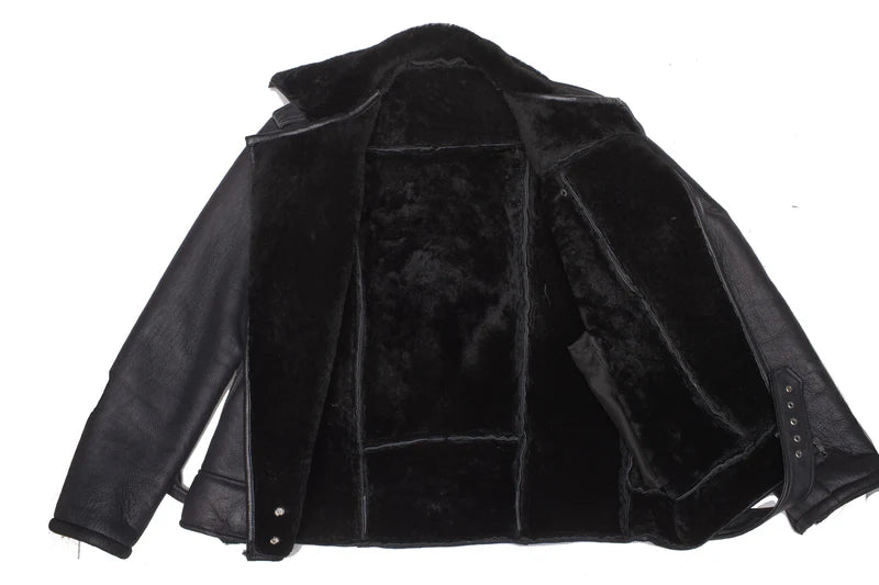 Men Black Shearling Collar Leather Jacket