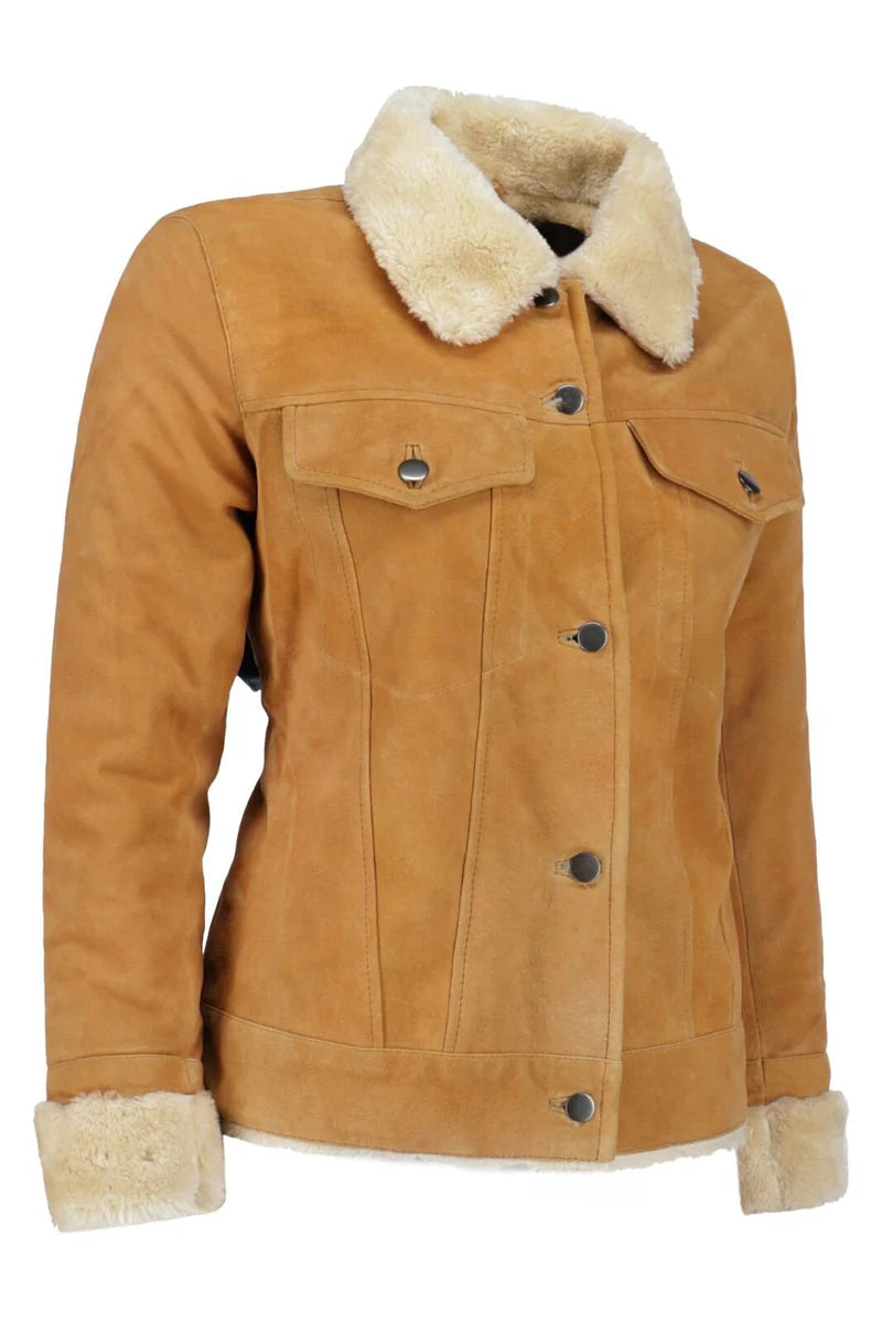 Women Camel Faux Shearling Collar Jacket
