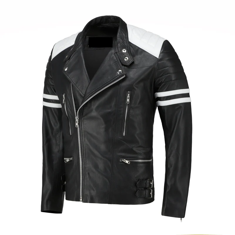 Men Black Racer Style Leather Jacket with White Stripes