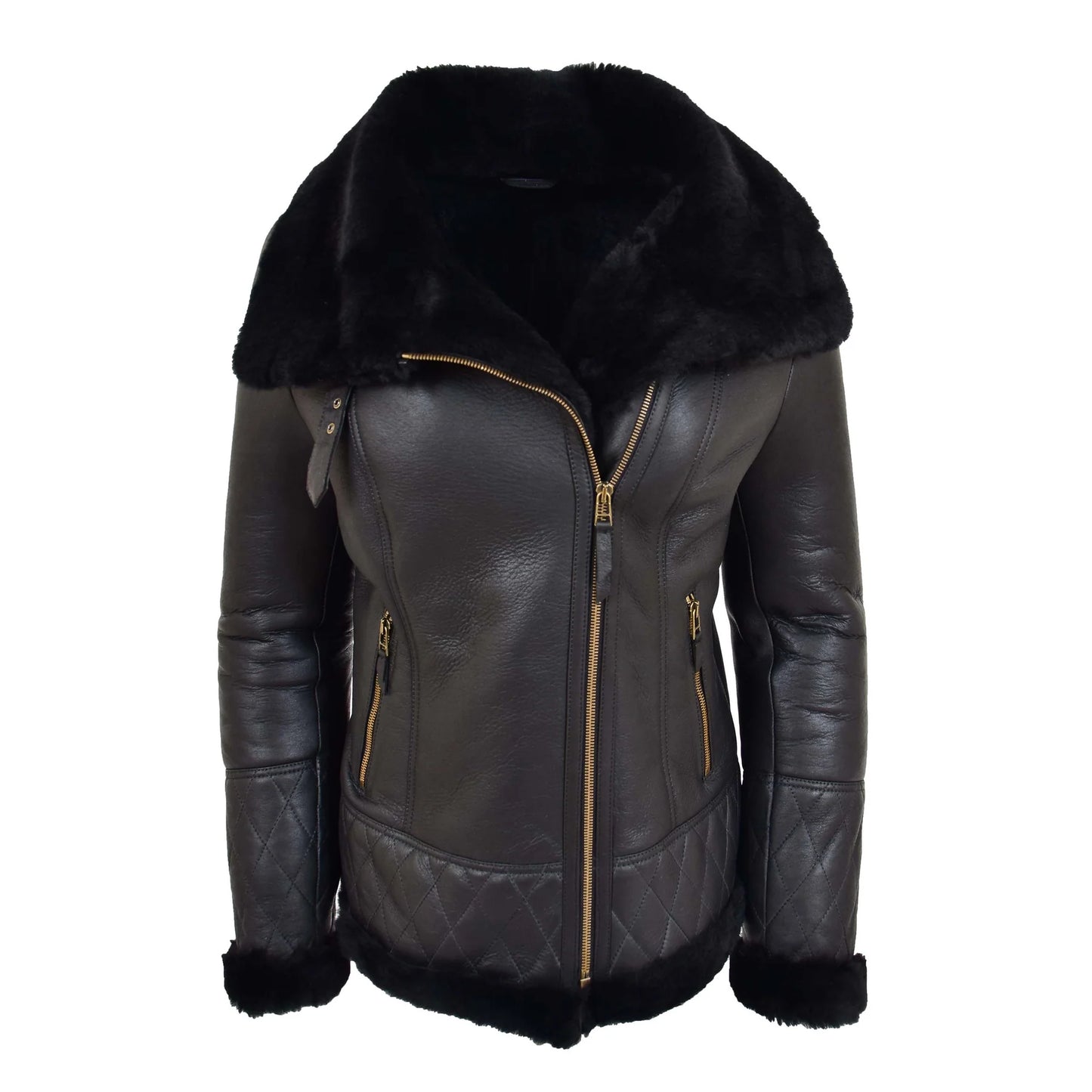 Women Black Faux Fur Collar Zip Jacket