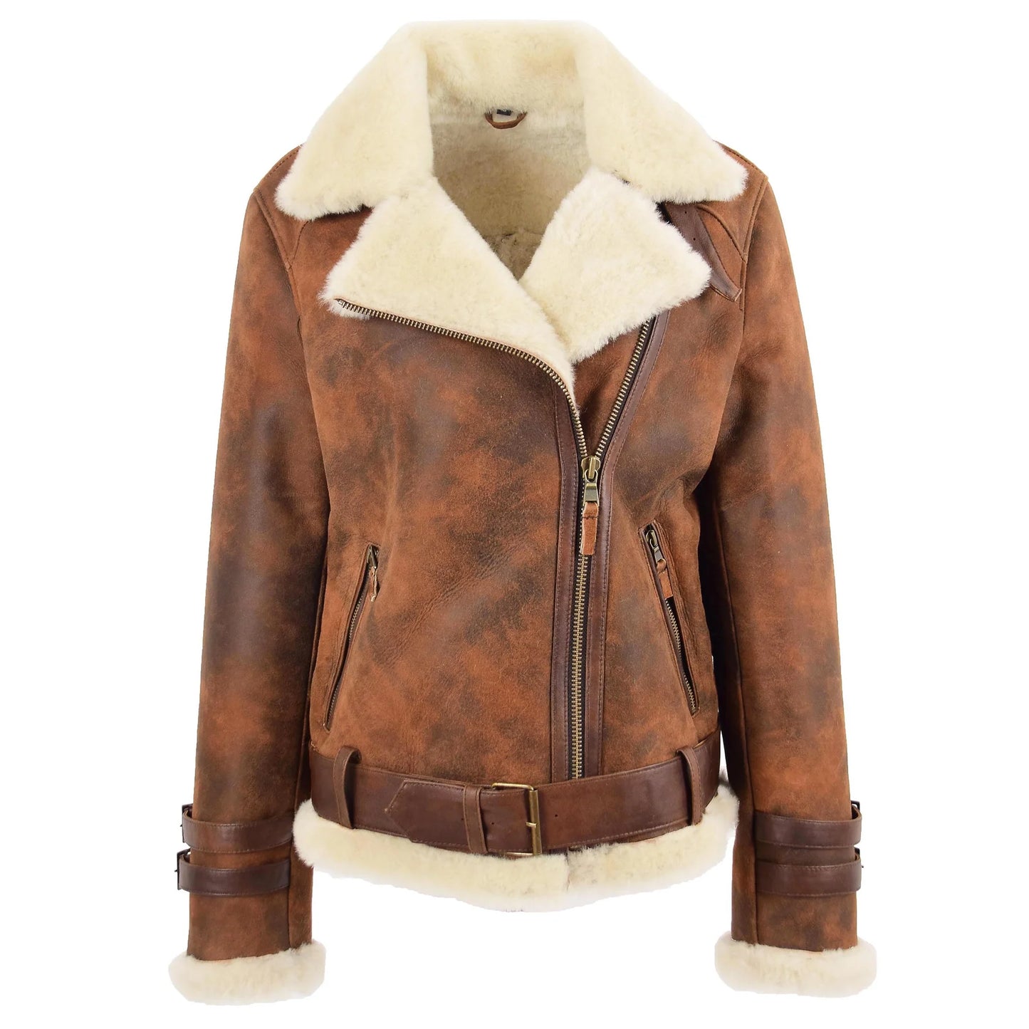 Women Brown Faux Shearling Belted Biker Jacket