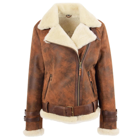 Women Brown Faux Shearling Belted Biker Jacket