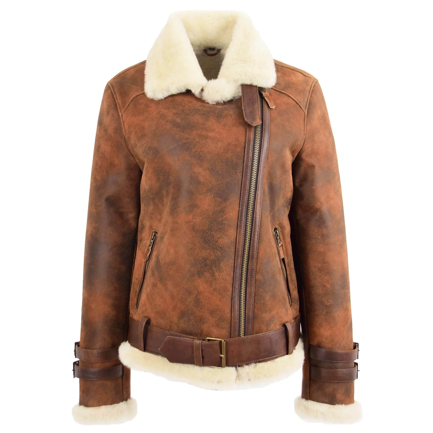 Women Brown Faux Shearling Belted Biker Jacket