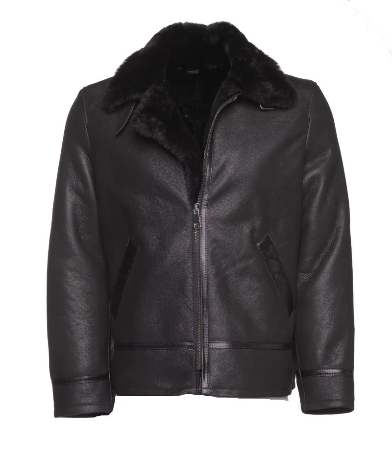 Men Black Shearling Collar Biker Leather Jacket