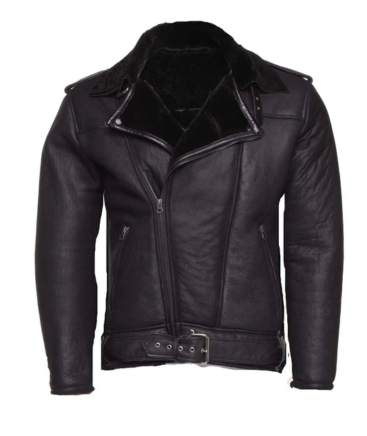 Men Black Shearling Collar Biker Leather Jacket