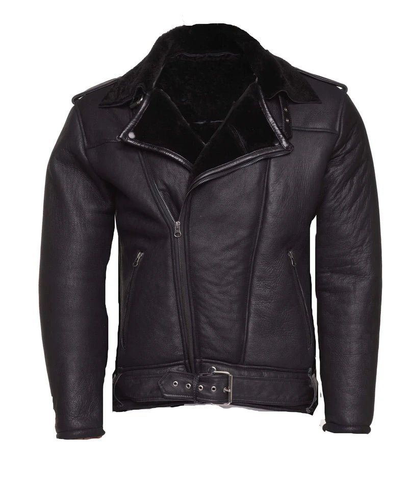 Men Black Shearling Collar Biker Leather Jacket