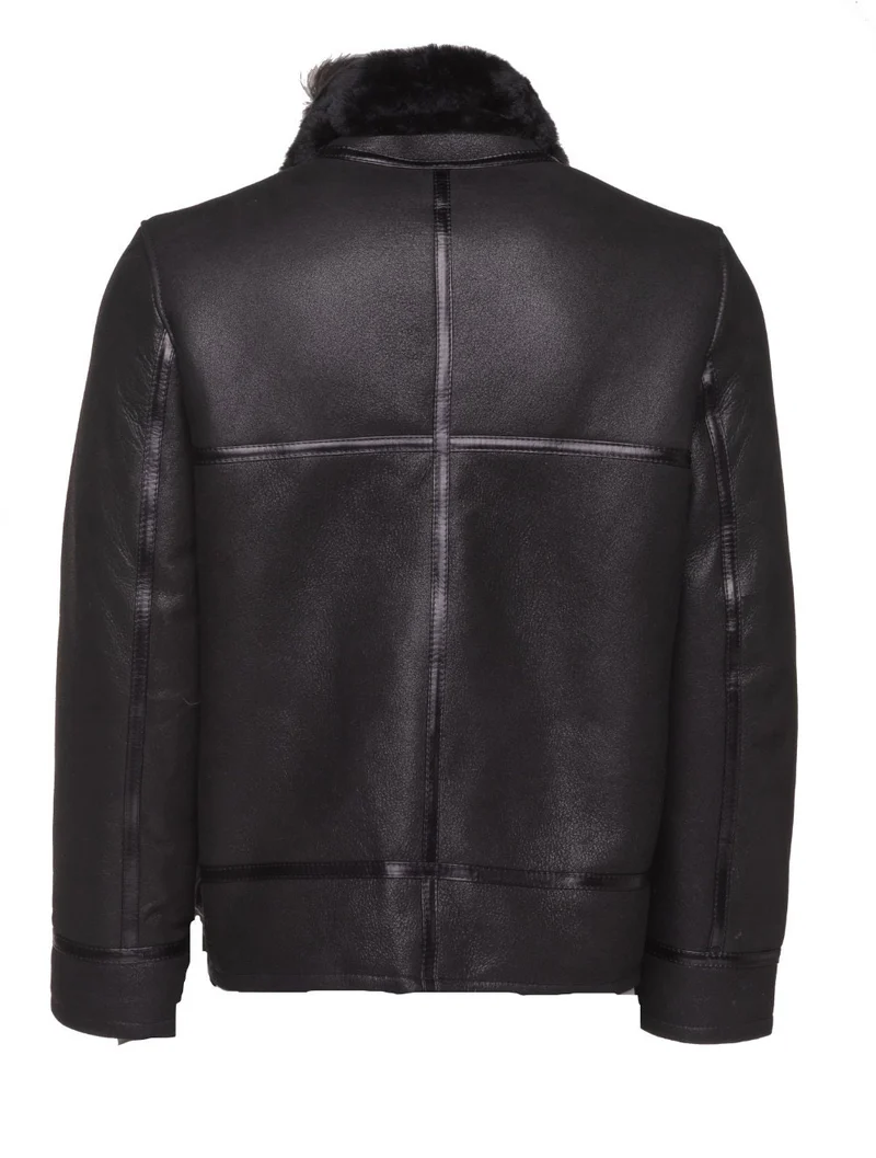 Men Black Shearling Collar Leather Jacket