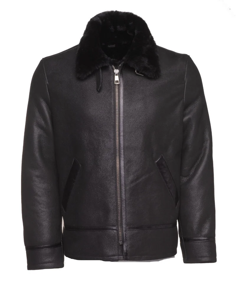 Men Black Shearling Collar Leather Jacket