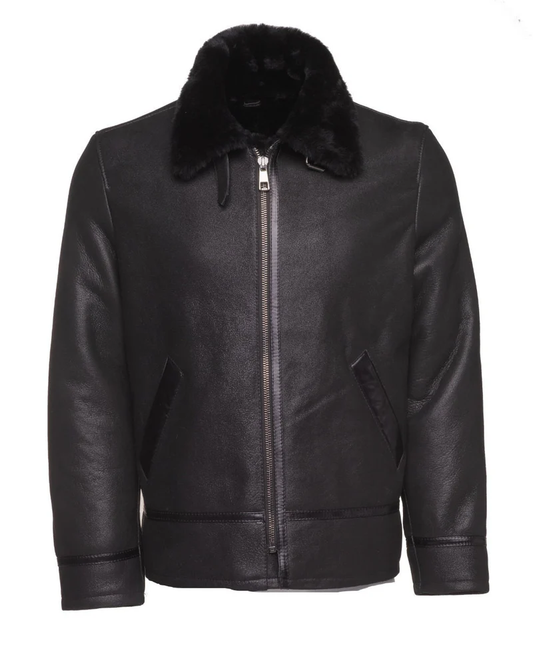 Men Black Shearling Collar Leather Jacket