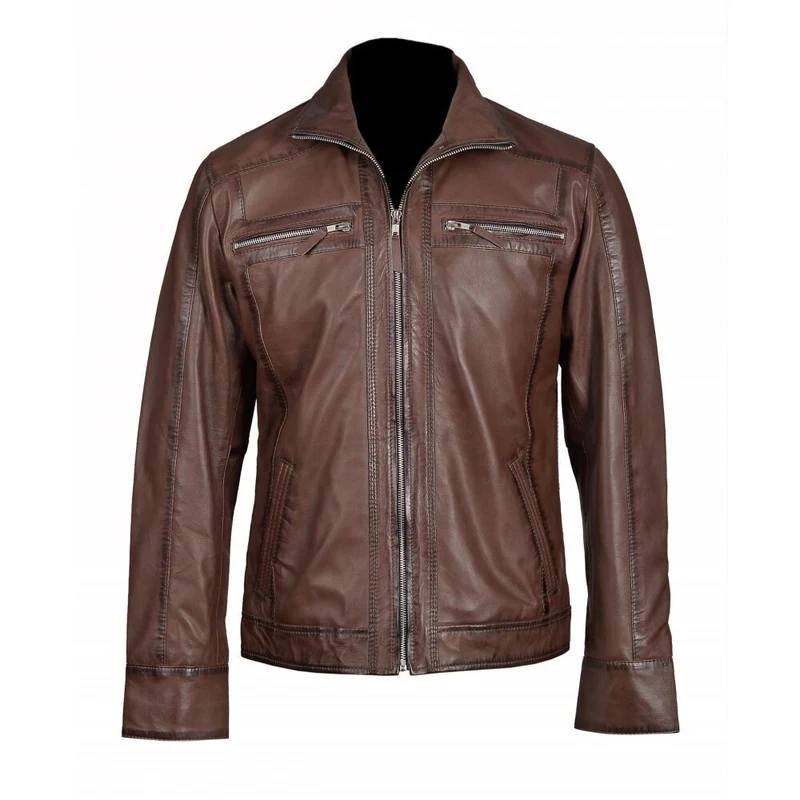 Men Brown Classic Zip Up Leather Jacket