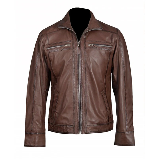 Men Brown Classic Zip Up Leather Jacket