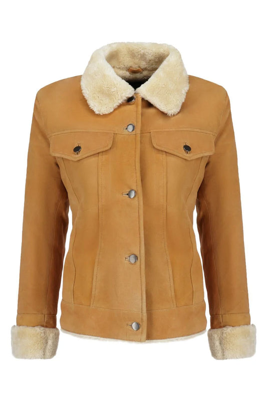 Women Camel Faux Shearling Collar Jacket