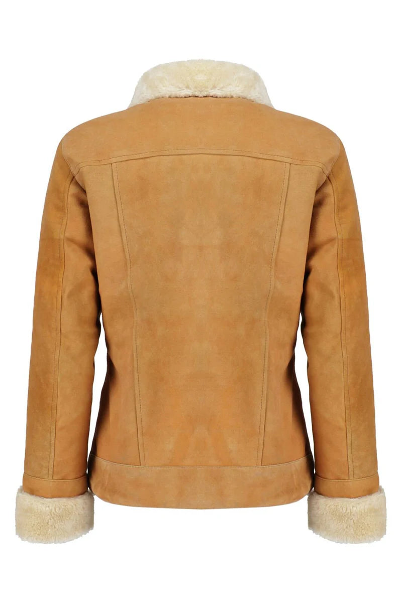 Women Camel Faux Shearling Collar Jacket