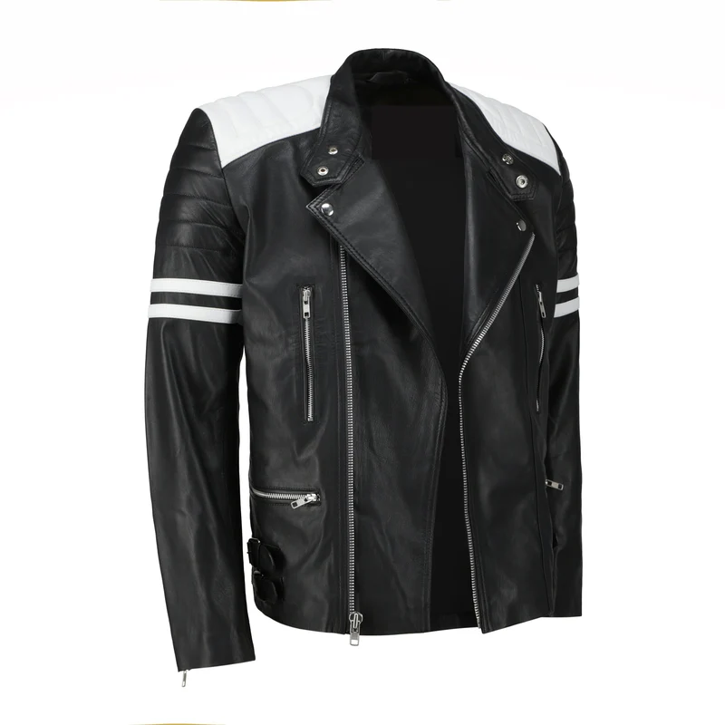 Men Black Racer Style Leather Jacket with White Stripes