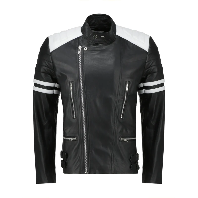 Men Black Racer Style Leather Jacket with White Stripes