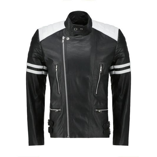 Men Black Racer Style Leather Jacket with White Stripes